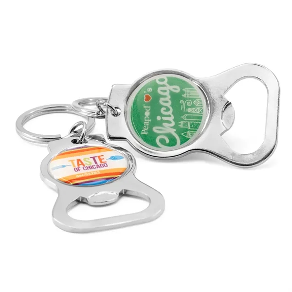 Die struck metal bottle opener with poly dome imprint and split... from ASI 52263 EMT / EMT
