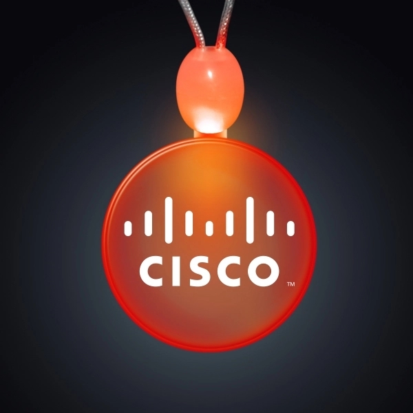 Circle acrylic necklace with imprint and 3 light up functions.... from ASI 34194 ALightPromos / Alight Promotional Products