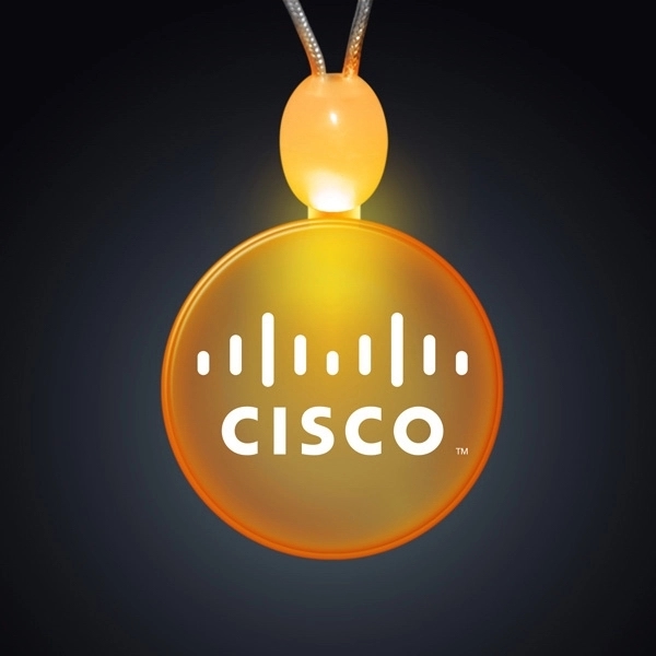 Circle acrylic necklace with imprint and 3 light up functions.... from ASI 34194 ALightPromos / Alight Promotional Products