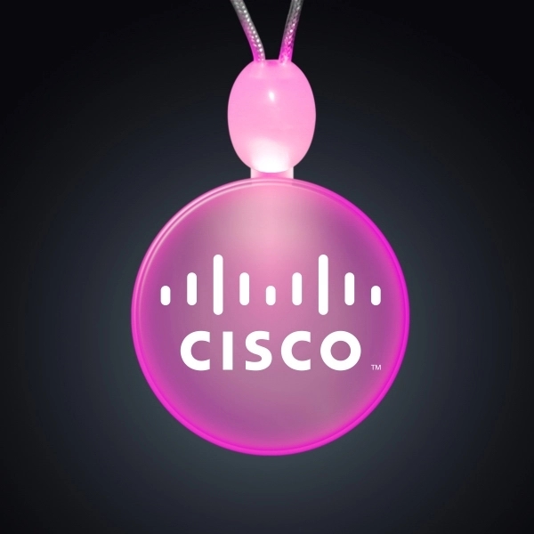 Circle acrylic necklace with imprint and 3 light up functions.... from ASI 34194 ALightPromos / Alight Promotional Products