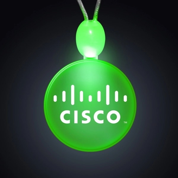 Circle acrylic necklace with imprint and 3 light up functions.... from ASI 34194 ALightPromos / Alight Promotional Products