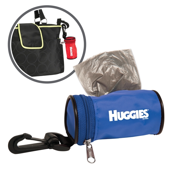 Dirty diaper bag dispenser that attaches to any diaper bag.... from ASI 52840 Evans Manufacturing