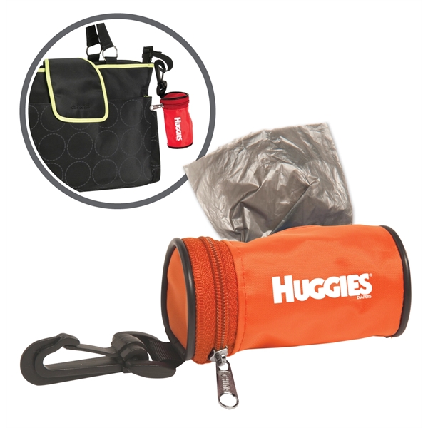 Dirty diaper bag dispenser that attaches to any diaper bag.... from ASI 52840 Evans Manufacturing
