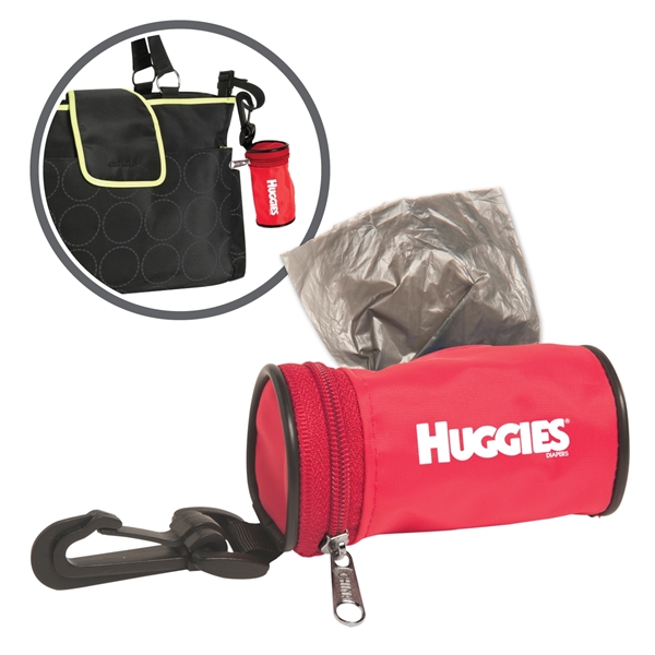 Dirty diaper bag dispenser that attaches to any diaper bag.... from ASI 52840 Evans Manufacturing
