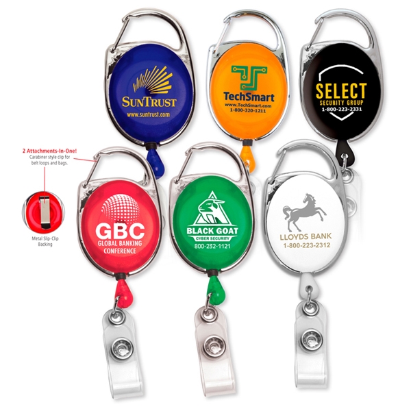 Carabiner style 30" retractable badge reel/holder with metal slip clip backing.... from ASI 62660 Innovation Line