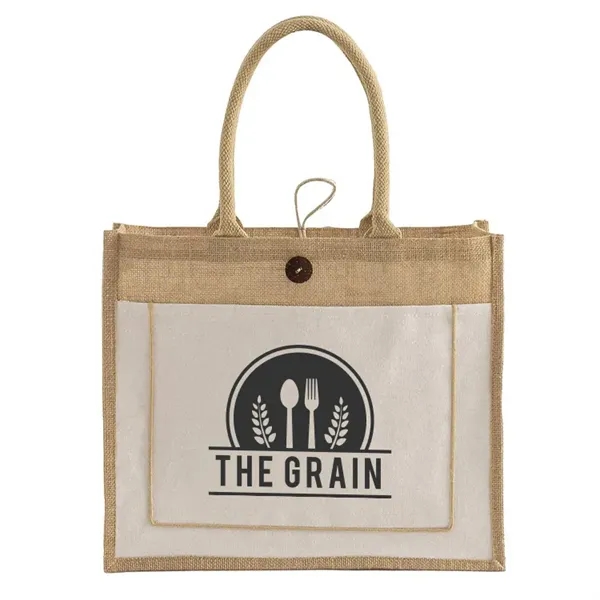 Sturdy jute tote with canvas front pocket and large imprint area.... from ASI 67557 LimeLight Ent / Limelight USA
