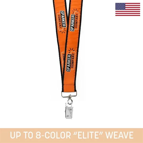 Polyester lanyard with up to 8 colors sewn to a webbing... from ASI 92980 WOV-IN® / Universal Strap/Wov-In Line