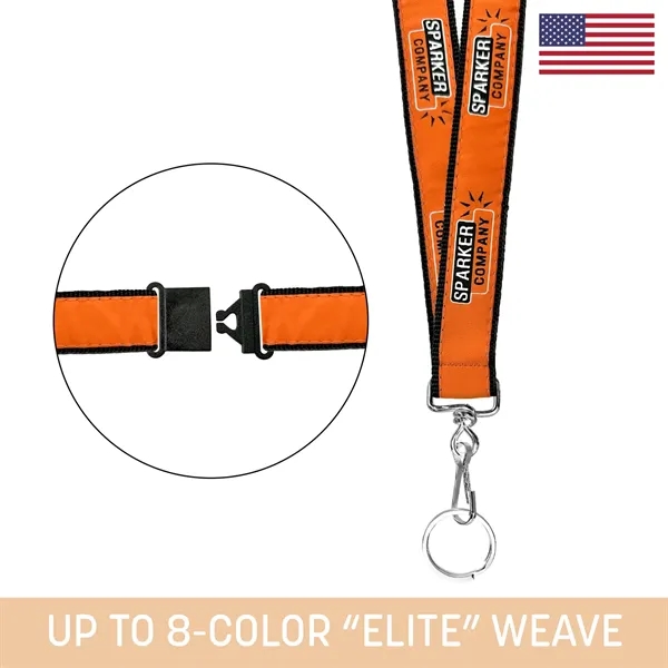 Polyester lanyard with up to 8 colors sewn to a webbing... from ASI 92980 WOV-IN® / Universal Strap/Wov-In Line