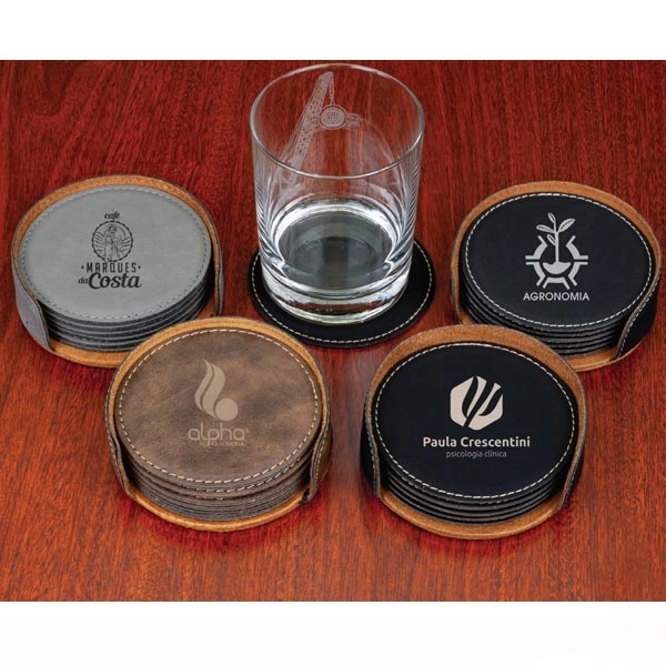 Set of 6 circle-shaped leatherette coasters and holder.... from ASI 99030 Zipline / Zipline®