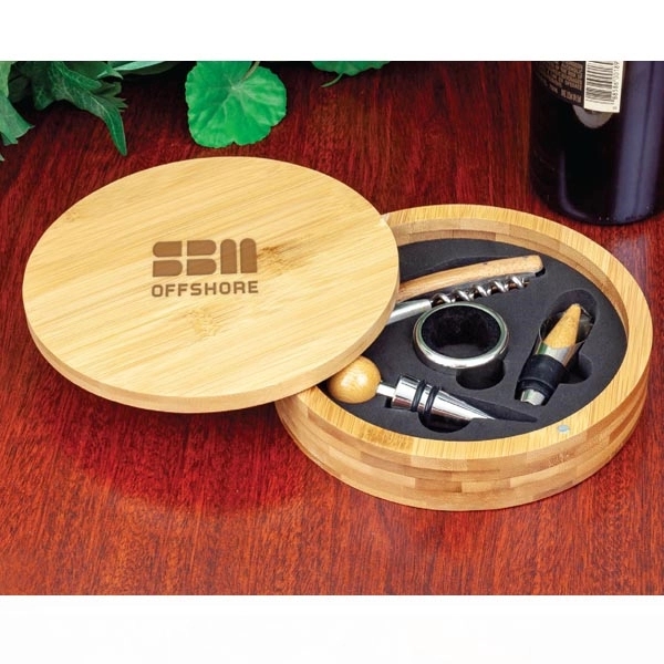 Bamboo wine set with corkscrew, foil cutter, pourer, stopper, drip ring... from ASI 99030 Zipline / Zipline®