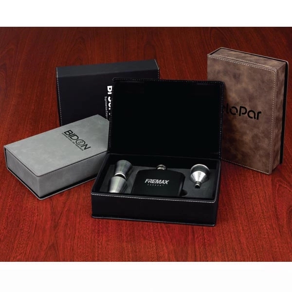 Gift box set with 6 oz. leatherette stainless steel flask, 2... from ASI 99030 Zipline / Zipline®