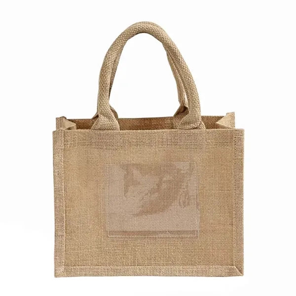 Rustic jute favor bag with clear pocket and soft handles. Ideal... from ASI 67557 LimeLight Ent / Limelight USA