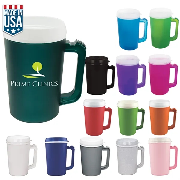 22 ounce double-wall insulated mug with handle, ribbed thumb stabilizer and... from ASI 57653 Gold Bond