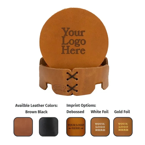 Full-Grain leather Round Coaster Set with 4 Coasters, Holder and box... from ASI 75126 Oowee Products / OOWEE PRODUCTS