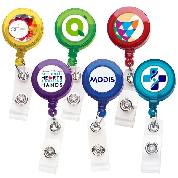 Round retractable badge reel in translucent colors with belt clip back... from ASI 49470 DEVARA