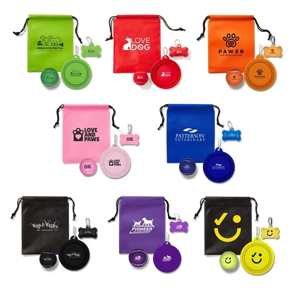 Drawstring pouch filled with a collapsible pet bowl, dog bone bag... from ASI 63549 Jornik Manufacturing Corp