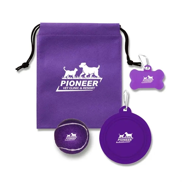 Drawstring pouch filled with a collapsible pet bowl, dog bone bag... from ASI 63549 Jornik Manufacturing Corp