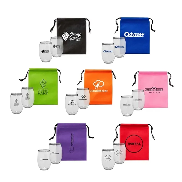 Gift set with two 16 oz. wine glasses and a drawstring... from ASI 63549 Jornik Manufacturing Corp