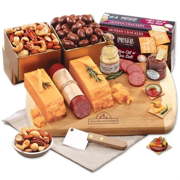 Cutting board with cheese, sausage, crackers, and other food items.... from ASI 68680 Maple Ridge Farms Inc