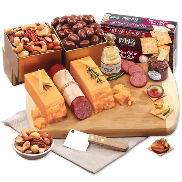 Cutting board with cheese, sausage, crackers, and other food items.... from ASI 68680 Maple Ridge Farms Inc