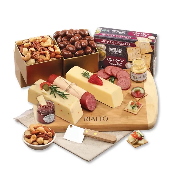 Cutting board with cheese, sausage, crackers, and other food items.... from ASI 68680 Maple Ridge Farms Inc