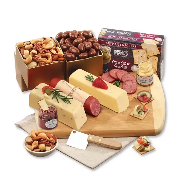 Cutting board with cheese, sausage, crackers, and other food items.... from ASI 68680 Maple Ridge Farms Inc