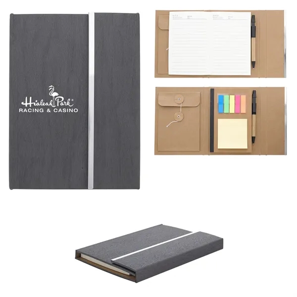 Woodgrain padfolio measuring 5" x 7" with a notepad, sticky notes,... from ASI 61125 Hit Promotional Products / Hit®