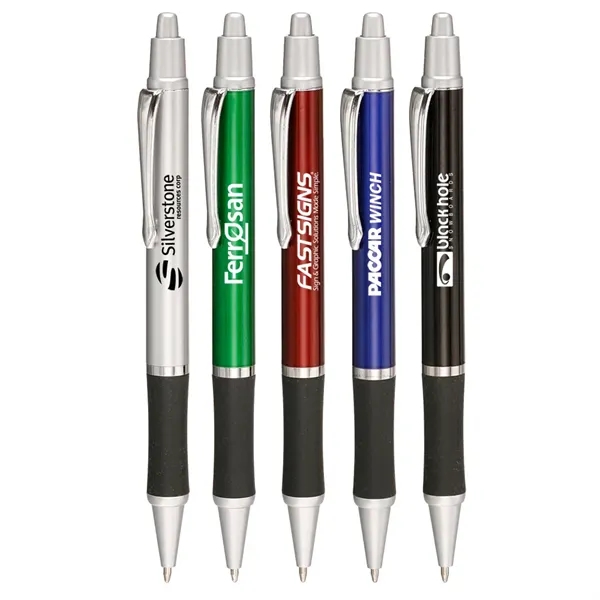 Retractable ballpoint pen with silver accents, black rubber grip, colorful barrel... from ASI 39552 BEL Promo