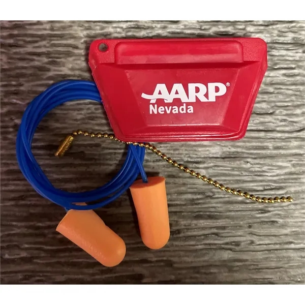 Mini pouch with hole punched, corded ear plugs with chain inserted... from ASI 62786 Intl Molded Pkg / IMPAK™