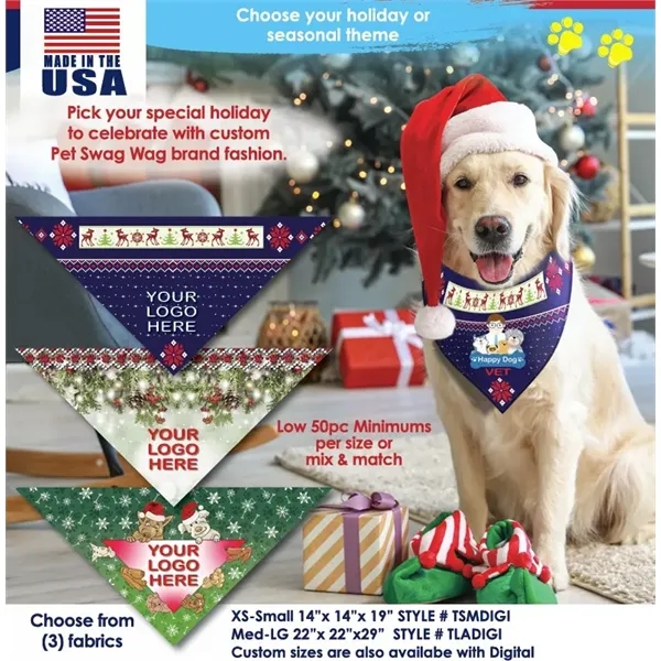 Holiday themed triangle bandannas with digital printing; offered in three sizes.... from ASI 44020 Bandanna Promotions By CARO-LINE / Swag-Wag Pets