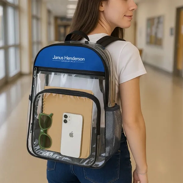 600D polyester, clear PVC backpack. Large zippered main compartment and 2... from ASI 84592 St Regis Group