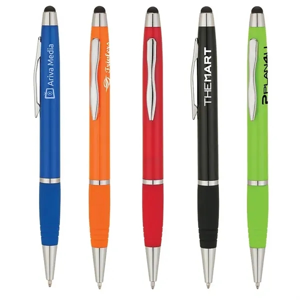 Twist-action ballpoint pen with sleek, shiny body, color matching rubberized grip... from ASI 67866 Logomark/Valumark / Valumark™