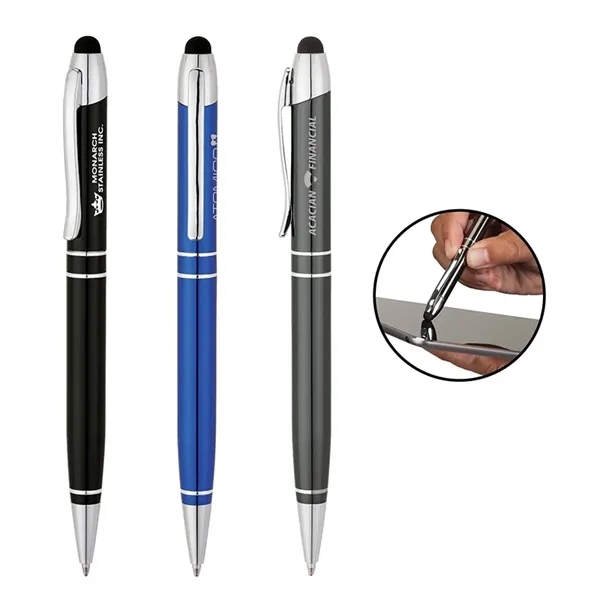 Twist-action ballpoint pen with capacitive stylus, aluminum construction, chrome accent rings,... from ASI 67866 Logomark/Valumark