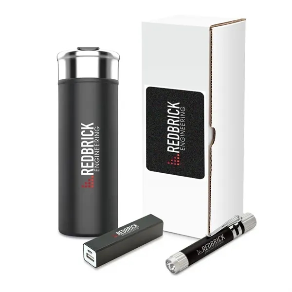 Shield three-piece gift set with 18 oz. steel tumbler, LED flashlight... from ASI 67866 Logomark/Valumark