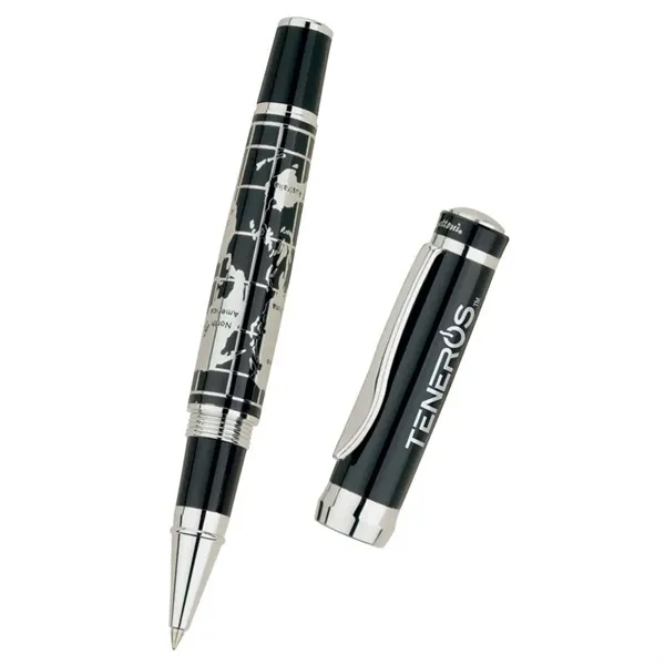 Rollerball pen with cap-off design and chrome world map barrel.... from ASI 67866 Logomark/Valumark