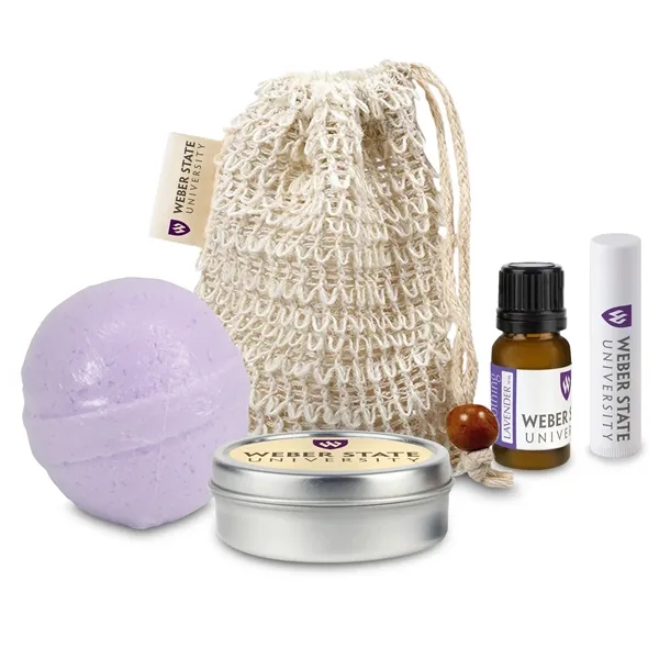 Self-care set includes a loofah bag, bath bomb, candle tin, essential... from ASI 73497 Natural Trends