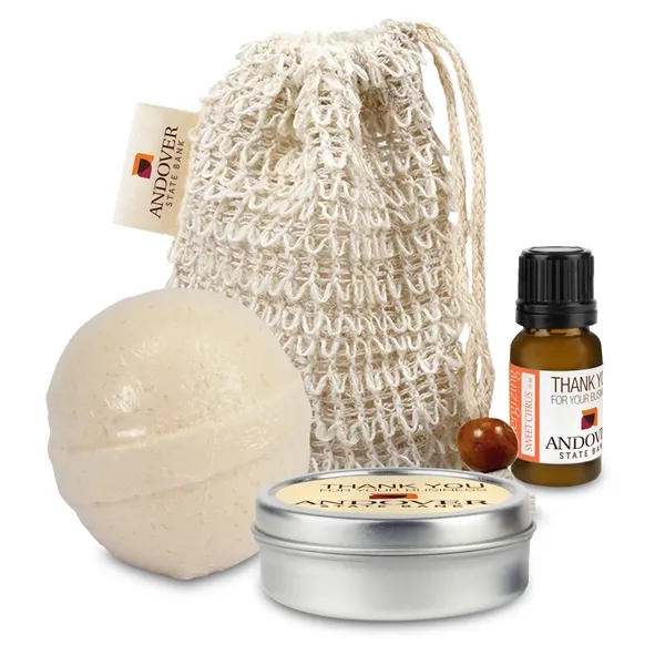 Self-care set includes a loofah bag, bath bomb, candle tin, and... from ASI 73497 Natural Trends