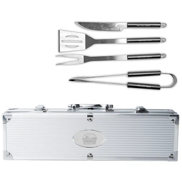 Sleek 4-piece stainless steel BBQ tool set in a portable aluminum... from ASI 64845 Kin Image Inc / Himmers International Inc. DBA Kin Image Inc
