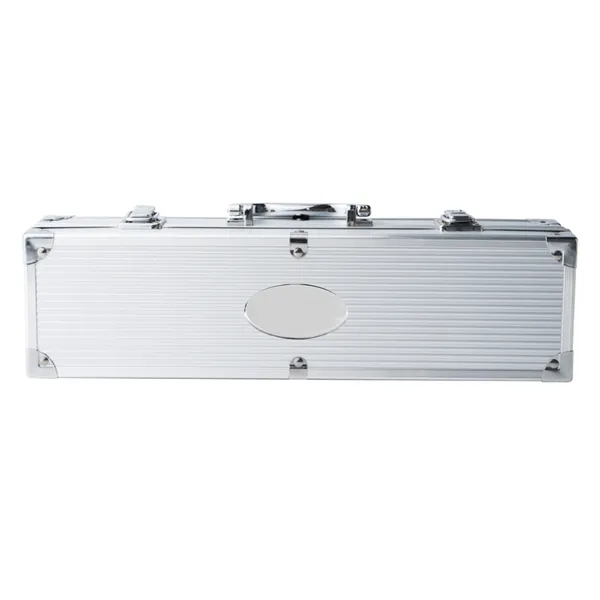 Sleek 4-piece stainless steel BBQ tool set in a portable aluminum... from ASI 64845 Kin Image Inc / Himmers International Inc. DBA Kin Image Inc