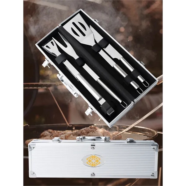 Sleek 4-piece stainless steel BBQ tool set in a portable aluminum... from ASI 64845 Kin Image Inc / Himmers International Inc. DBA Kin Image Inc