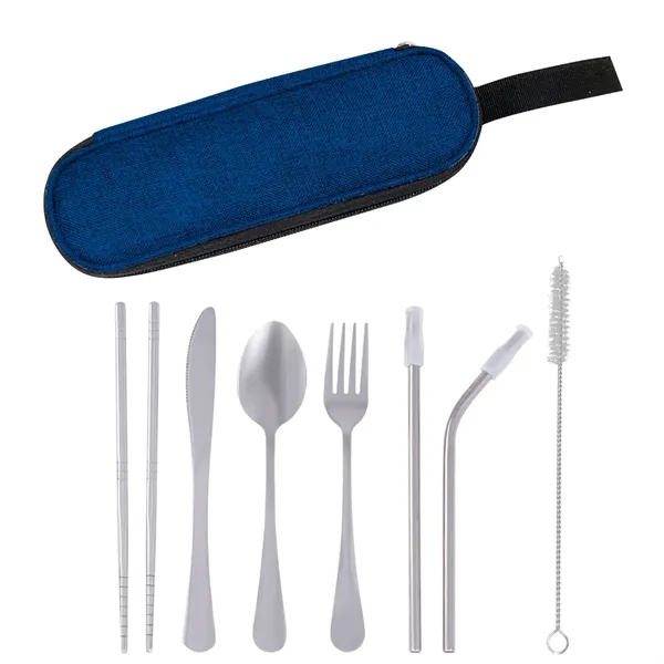 Stainless steel cutlery with chopsticks, fork, knife, spoon, and two straws... from ASI 61125 Hit Promotional Products / Hit®