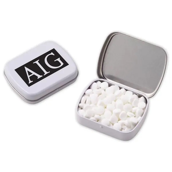 Small hinged tin filled with Peppermint Mini Mints (Sugar Free)... from ASI 71685 Midnite Snax®