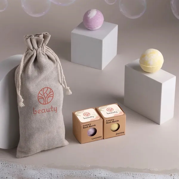 Two-piece scented bath bomb set in a cinched jute bag.... from ASI 61966 HPG / Mixie
