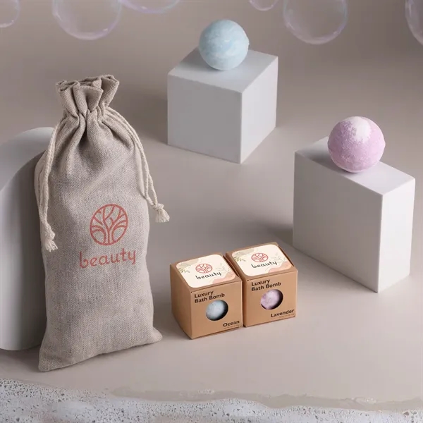 Two-piece scented bath bomb set in a cinched jute bag.... from ASI 61966 HPG / Mixie