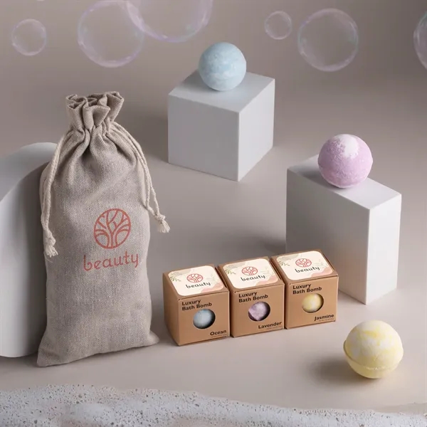Three-piece scented bath bomb set in a cinched jute bag.... from ASI 61966 HPG / Mixie