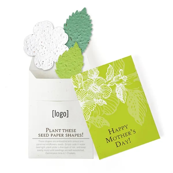Recycled cardstock sleeve containing 3 die-cut seed paper shapes that will... from ASI 40646 Bloomin Promotions / Bloomin' Promotions™