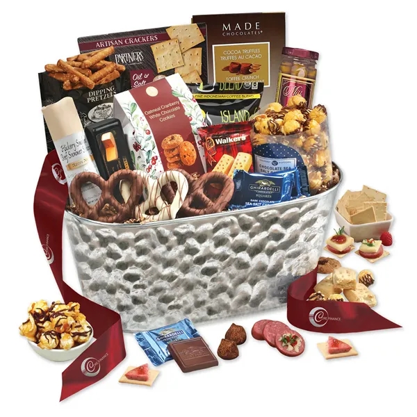 Metal tub filled with gourmet assortment.... from ASI 68680 Maple Ridge Farms Inc