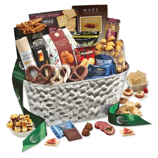 Metal tub filled with gourmet assortment.... from ASI 68680 Maple Ridge Farms Inc
