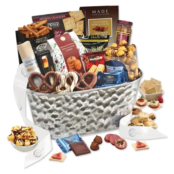 Metal tub filled with gourmet assortment.... from ASI 68680 Maple Ridge Farms Inc