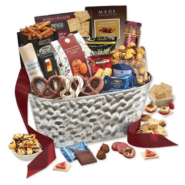Metal tub filled with gourmet assortment.... from ASI 68680 Maple Ridge Farms Inc